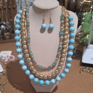 Chic Gold and Turquoise Beaded Necklace Set